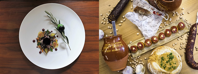 Dos versiones de una misma cocina de producto, a la izquierda Conejo al olivo del restaurante Villena y a la derecha Croquetas de chorizo de Cantimpalos, Sopa castellana y Guiso de garbanzos con oreja picante de Juan Bravo.