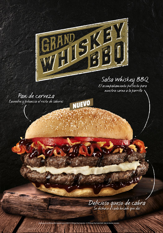 Cartel promocional de la nueva hamburguesa Grand Whiskey BBQ de Burger King.